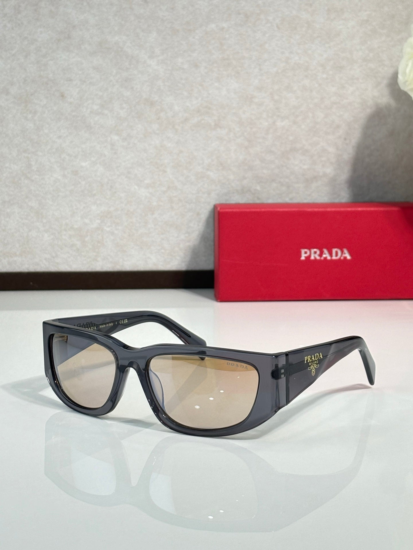 Prada glasses with black oversized frames and tinted lenses
