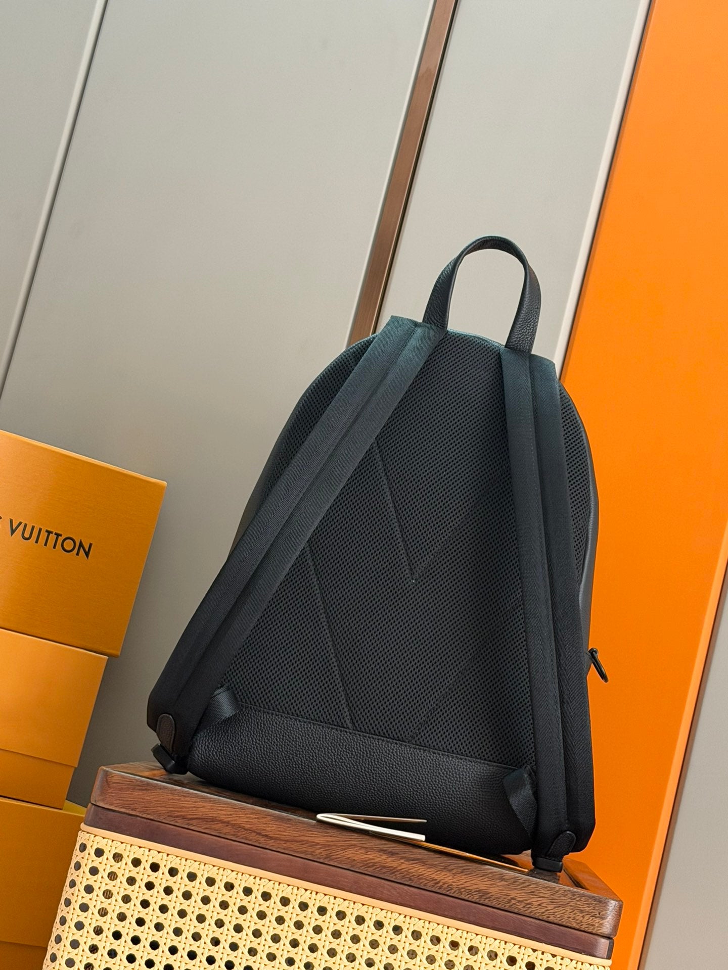 Louis Vuitton leather backpack back view with shoulder straps, dark teal