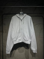 Light gray long-sleeve hoodie with drawstring hood and front zipper