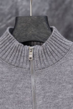 Gray Prada knit sweater neckline close-up with full-length zipper and ribbed collar