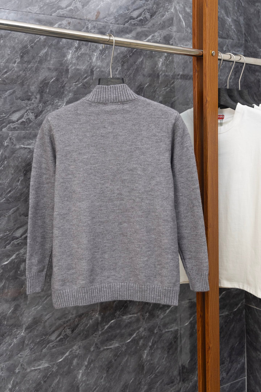 Gray Prada knit zip-up sweater, back view, ribbed stand collar