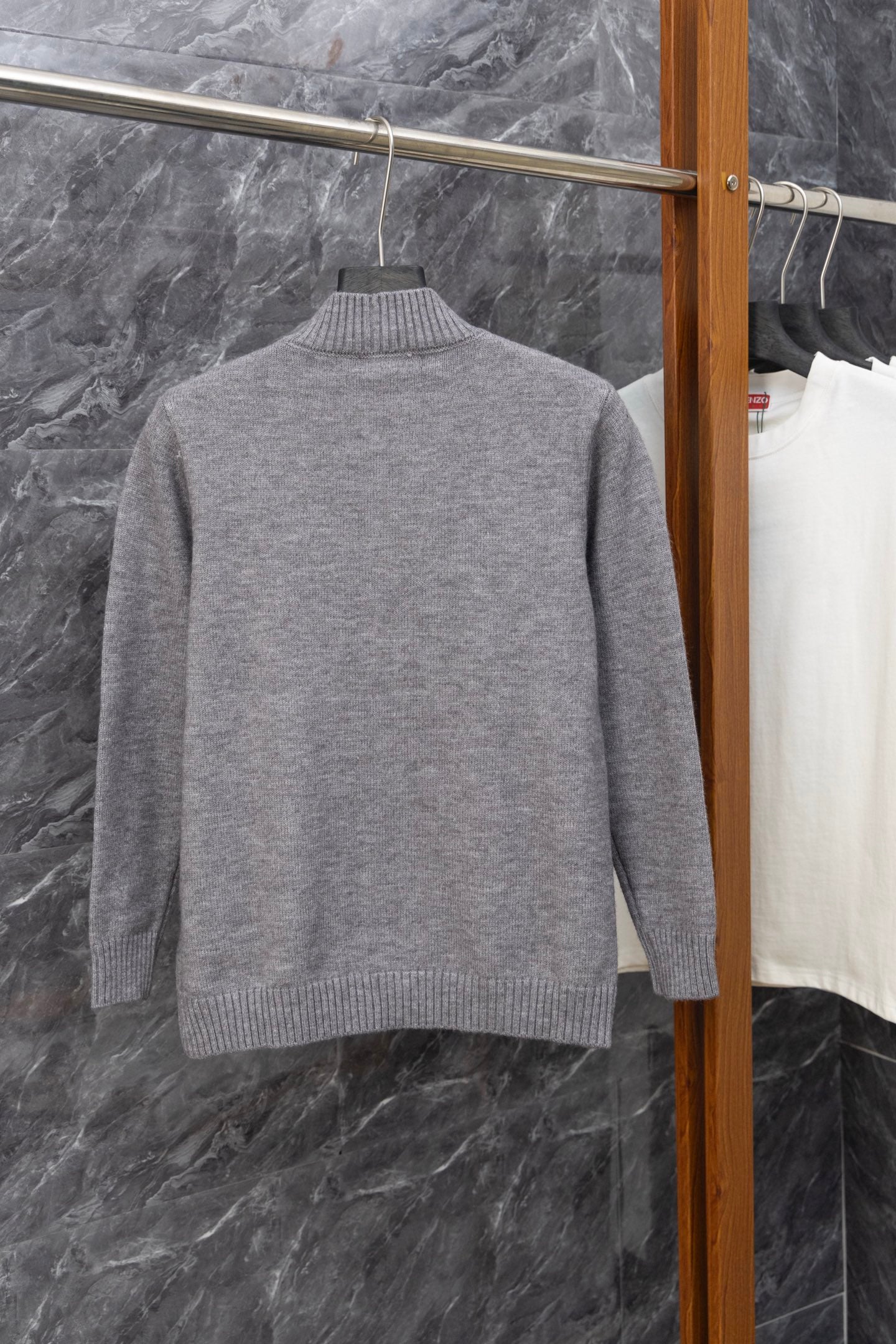 Gray Prada knit zip-up sweater, back view, ribbed stand collar
