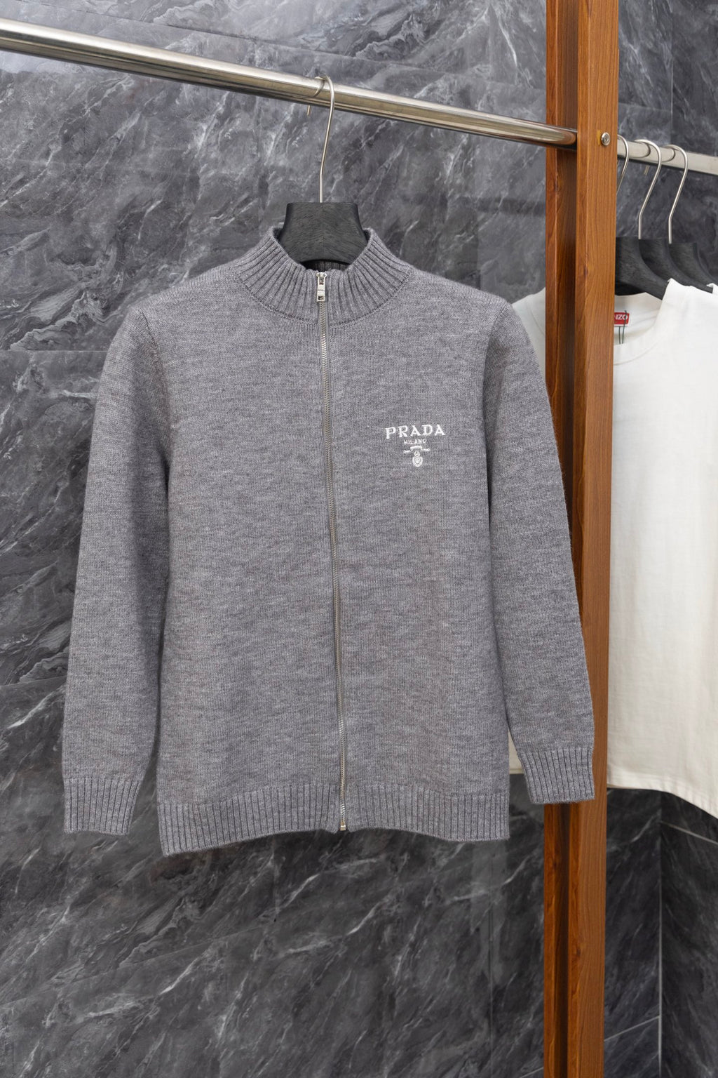 Gray Prada knit zip-up sweater with ribbed stand collar and PRADA MILANO logo