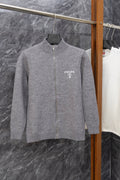 Gray Prada knit zip-up sweater with ribbed stand collar and PRADA MILANO logo