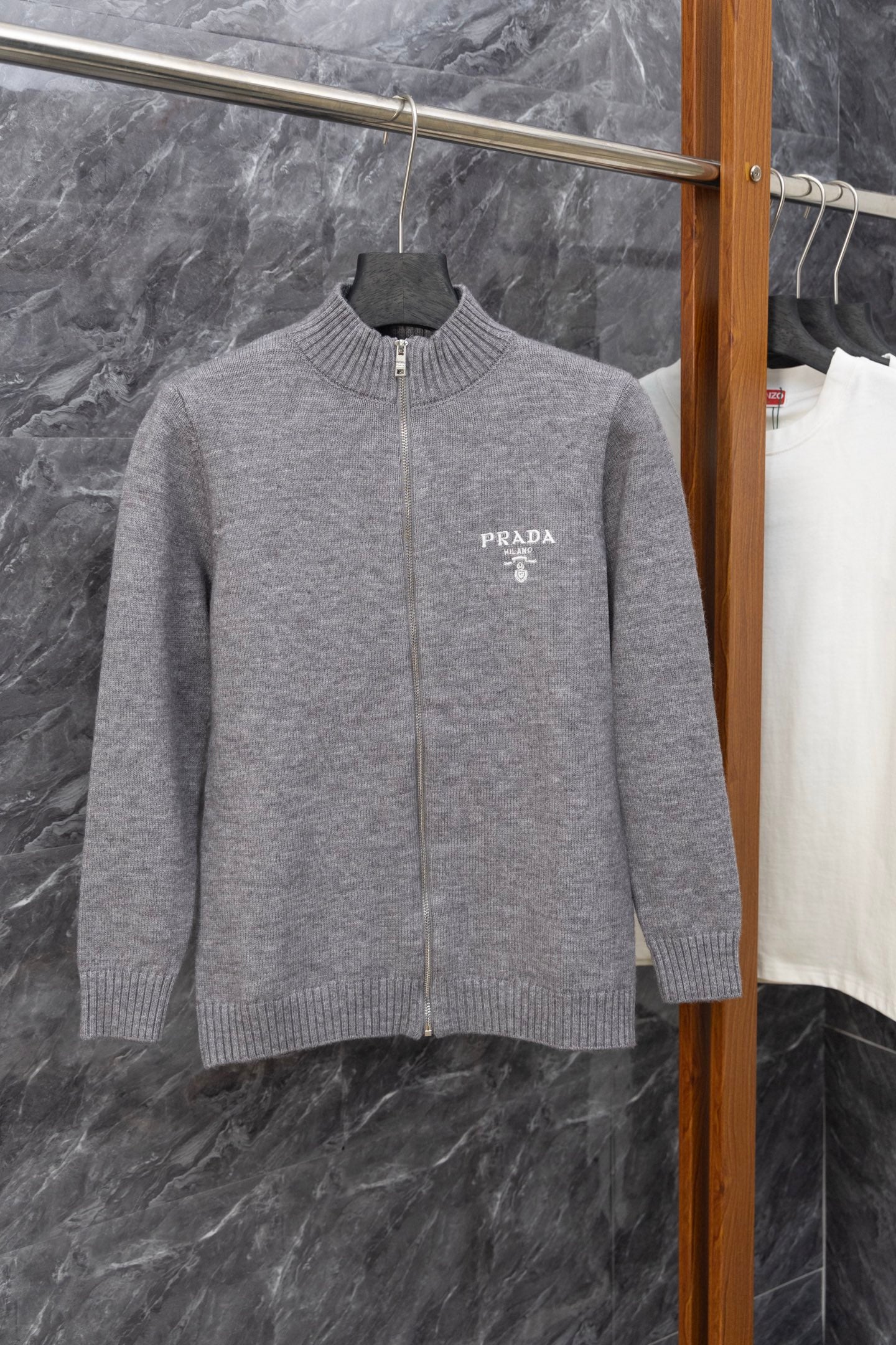 Gray Prada knit zip-up sweater with ribbed stand collar and PRADA MILANO logo