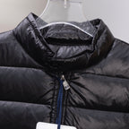 Black puffer jacket close-up with front zipper and quilted quilting detail