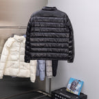 Long black puffer jacket with stand collar and quilted horizontal baffles