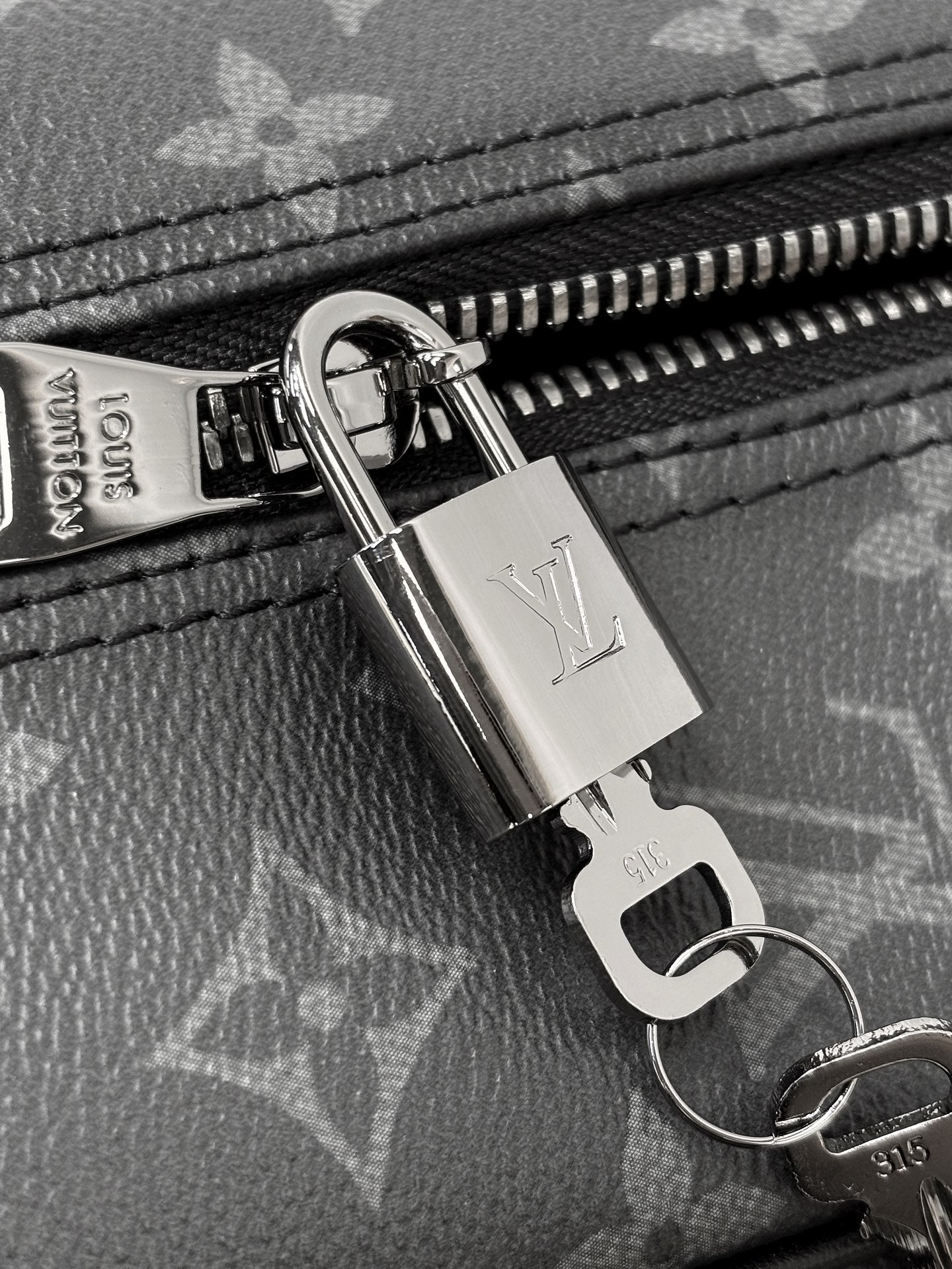 Louis Vuitton monogram bag close-up: silver zipper pull and lock hardware