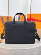 Louis Vuitton men’s leather tote bag, black, front view with shoulder strap
