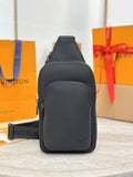 Black leather crossbody bag with Louis Vuitton logo, front zip pocket.