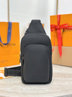 Black leather crossbody bag with Louis Vuitton logo, front zip pocket.