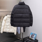 Dark long puffer jacket with stand collar and quilted horizontal baffles