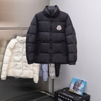 Moncler long puffer jacket, dark with front zipper and chest logo patch