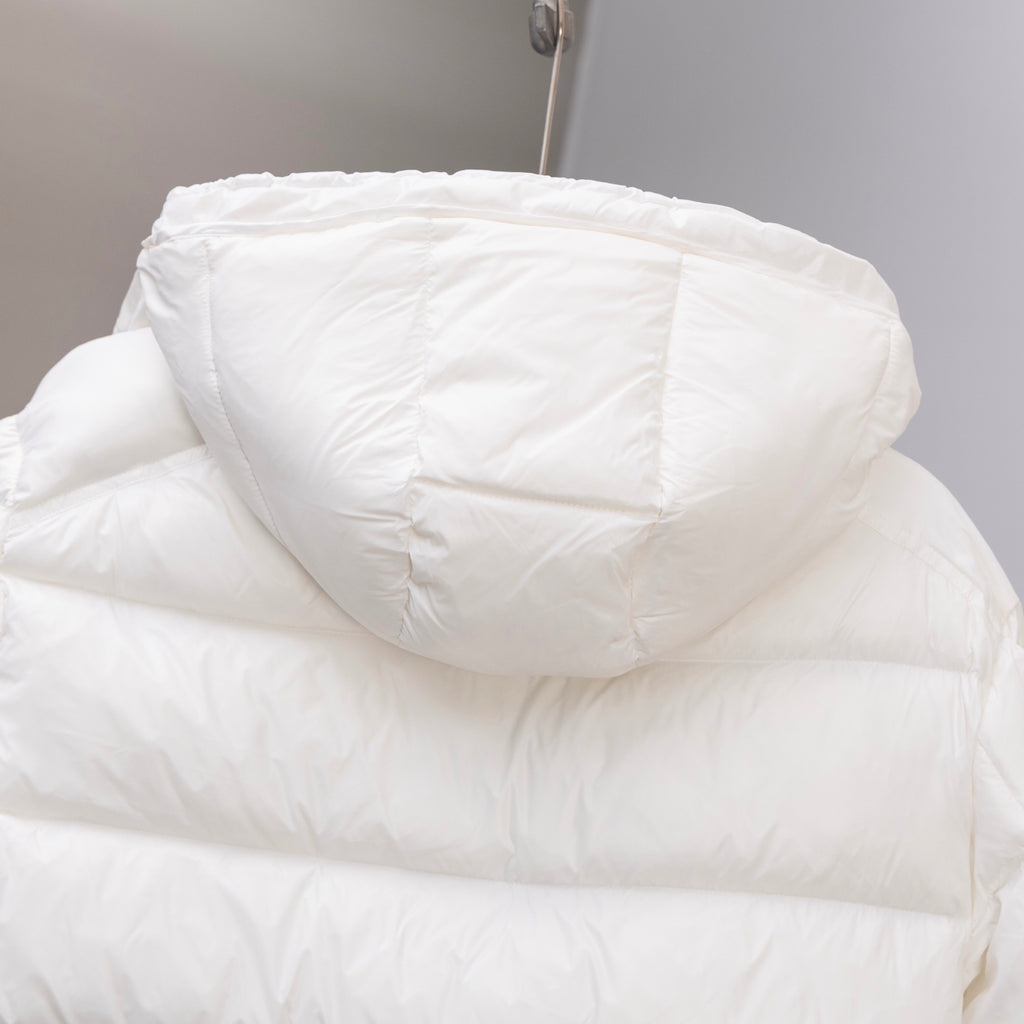 White Moncler long puffer jacket back with attached hood