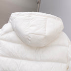 White Moncler long puffer jacket back with attached hood