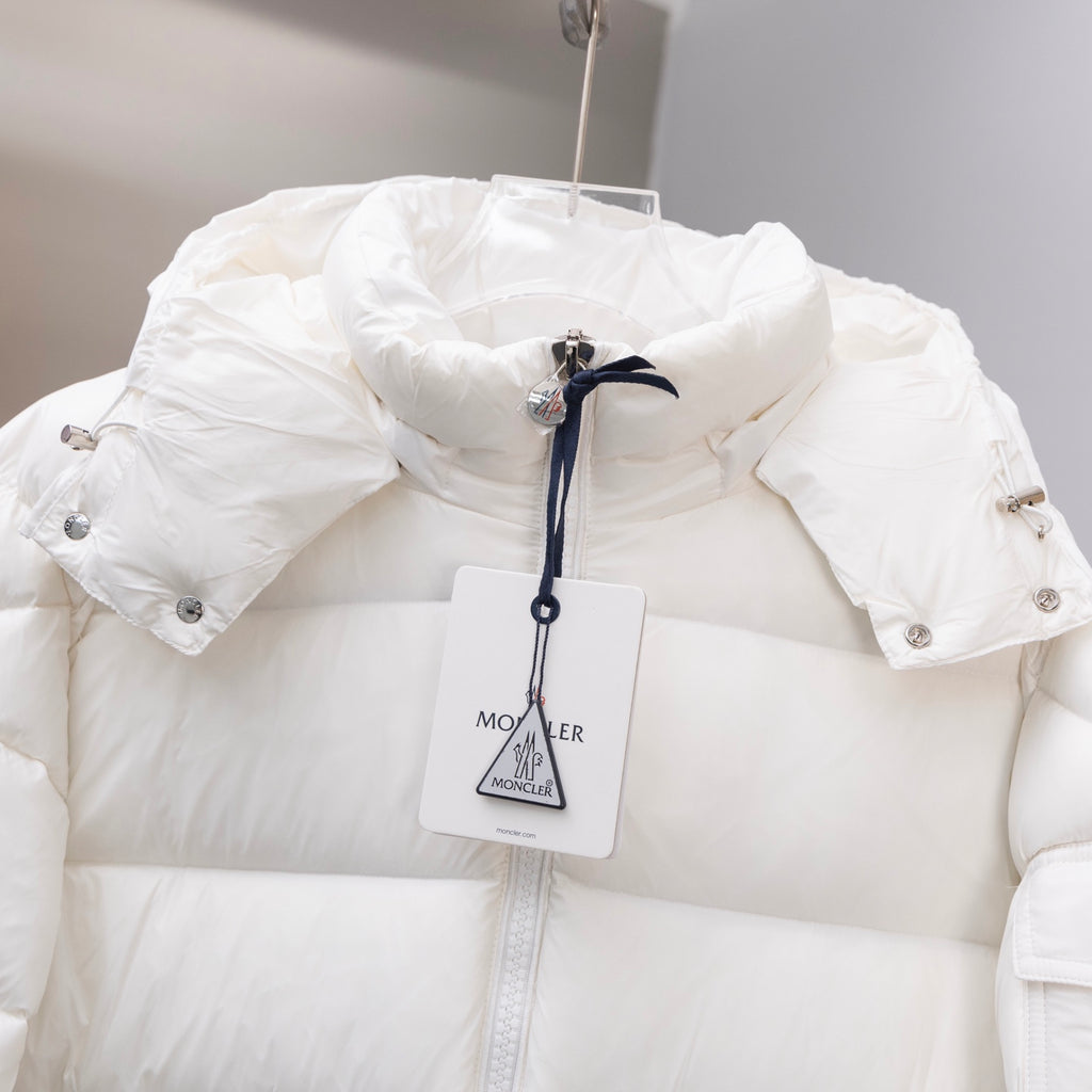 White Moncler puffer jacket hood with drawstring and hanging tag