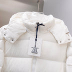 White Moncler puffer jacket hood with drawstring and hanging tag