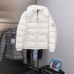 White Moncler long puffer jacket with hood and front zip