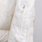 White Moncler puffer jacket front zipper and textured seam stitching