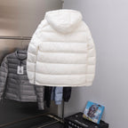 White Moncler long puffer jacket back view with hood
