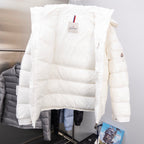 White Moncler long puffer jacket with hood and side logo sleeve patch