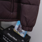 Moncler long puffer coat, dark plum, elastic cuff and gathered hem