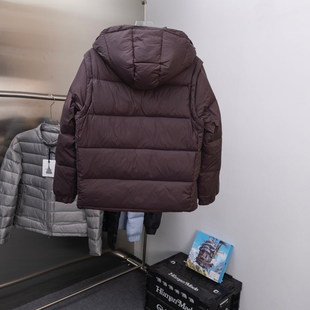 Moncler long puffer coat back view, dark brown hood and quilted padded panels