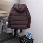 Moncler long puffer coat back view, dark brown hood and quilted padded panels