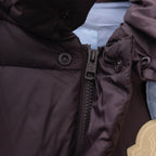 Moncler long puffer coat zipper and snap placket, dark brown with black pull tab