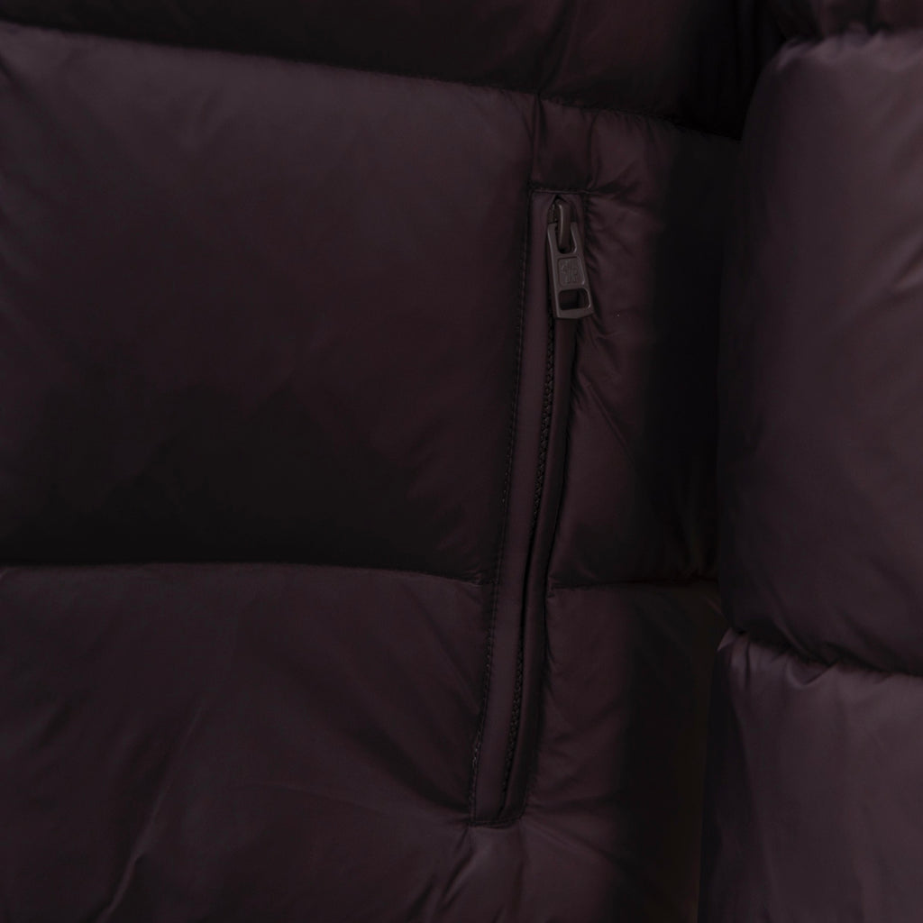 Moncler long puffer coat, dark plum, front zip with quilted seam panels