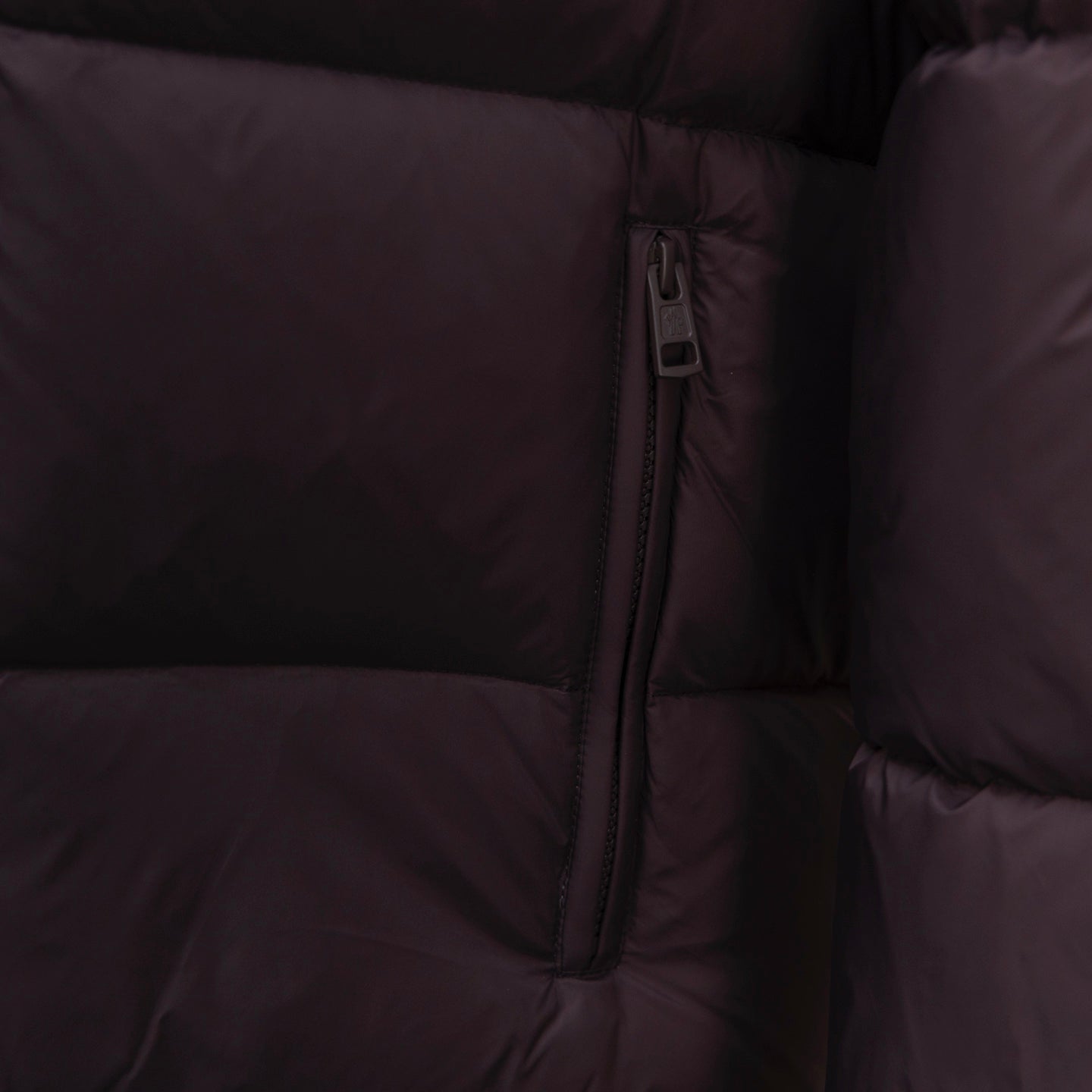 Moncler long puffer coat, dark plum, front zip with quilted seam panels