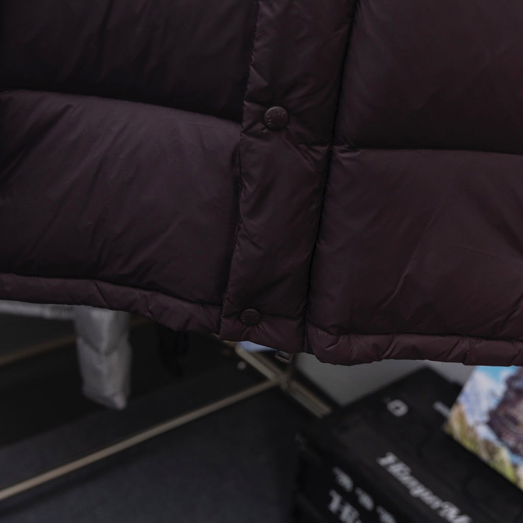 Moncler long puffer coat, dark plum, buttoned stand collar and quilted panels