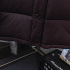 Moncler long puffer coat, dark plum, buttoned stand collar and quilted panels