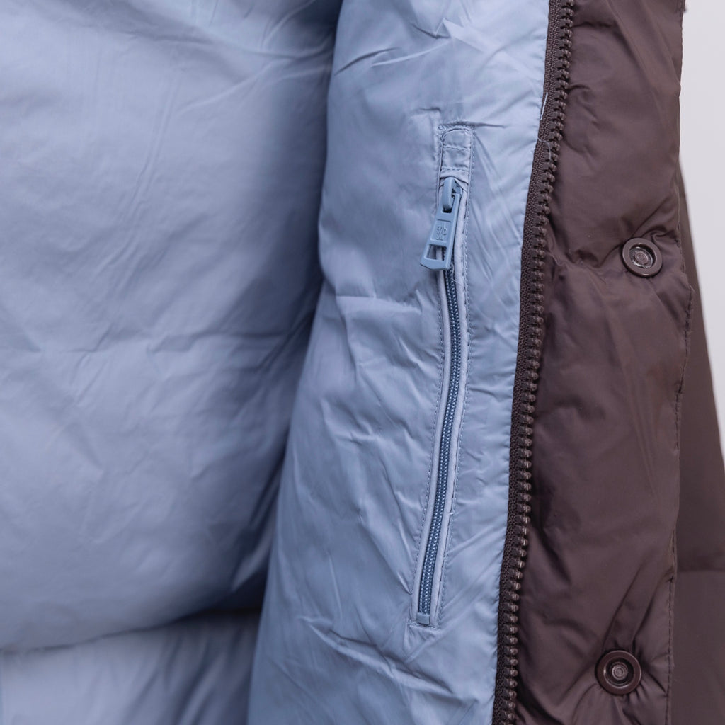 Moncler long puffer coat, light blue, front zipper and side pocket detail