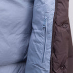 Moncler long puffer coat, light blue, front zipper and side pocket detail