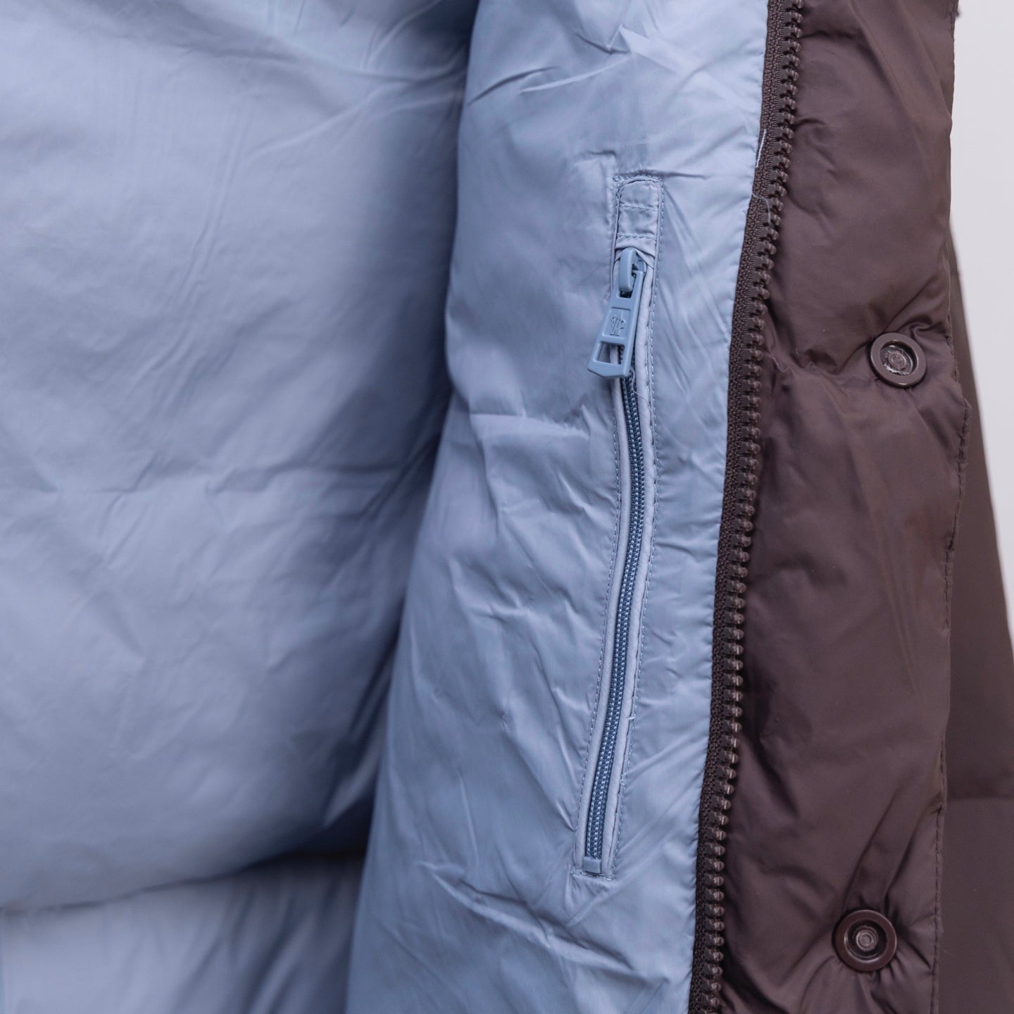Moncler long puffer coat, light blue, front zipper and side pocket detail