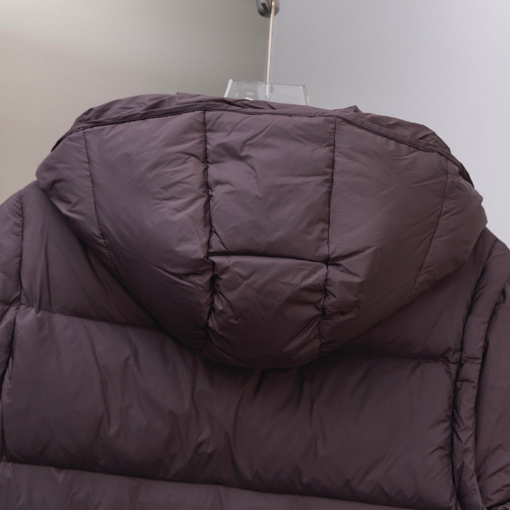 Moncler long puffer coat back view, dark brown quilted hooded jacket