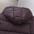 Moncler long puffer coat back view, dark brown quilted hooded jacket