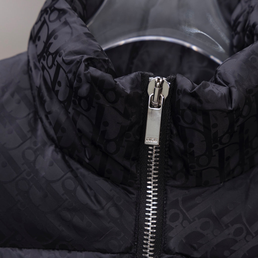 Black Dior puffer jacket hood area with metal zipper and logo texture.