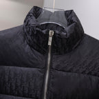 Black Dior long puffer jacket front with zip and monogram pattern.