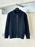 Dark navy zip-up jacket with point collar and silver-tone zipper hardware