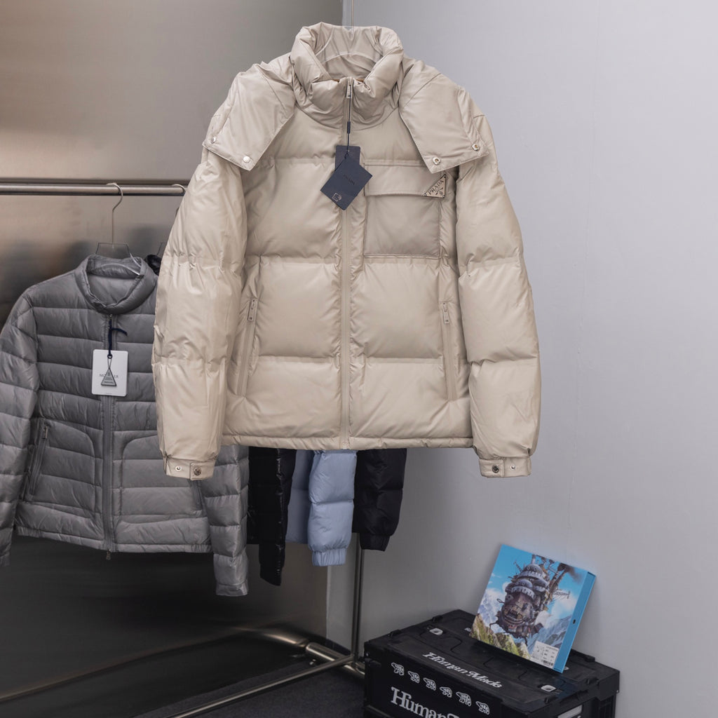Prada hooded puffer jacket in light beige, full-zip front, quilted baffles
