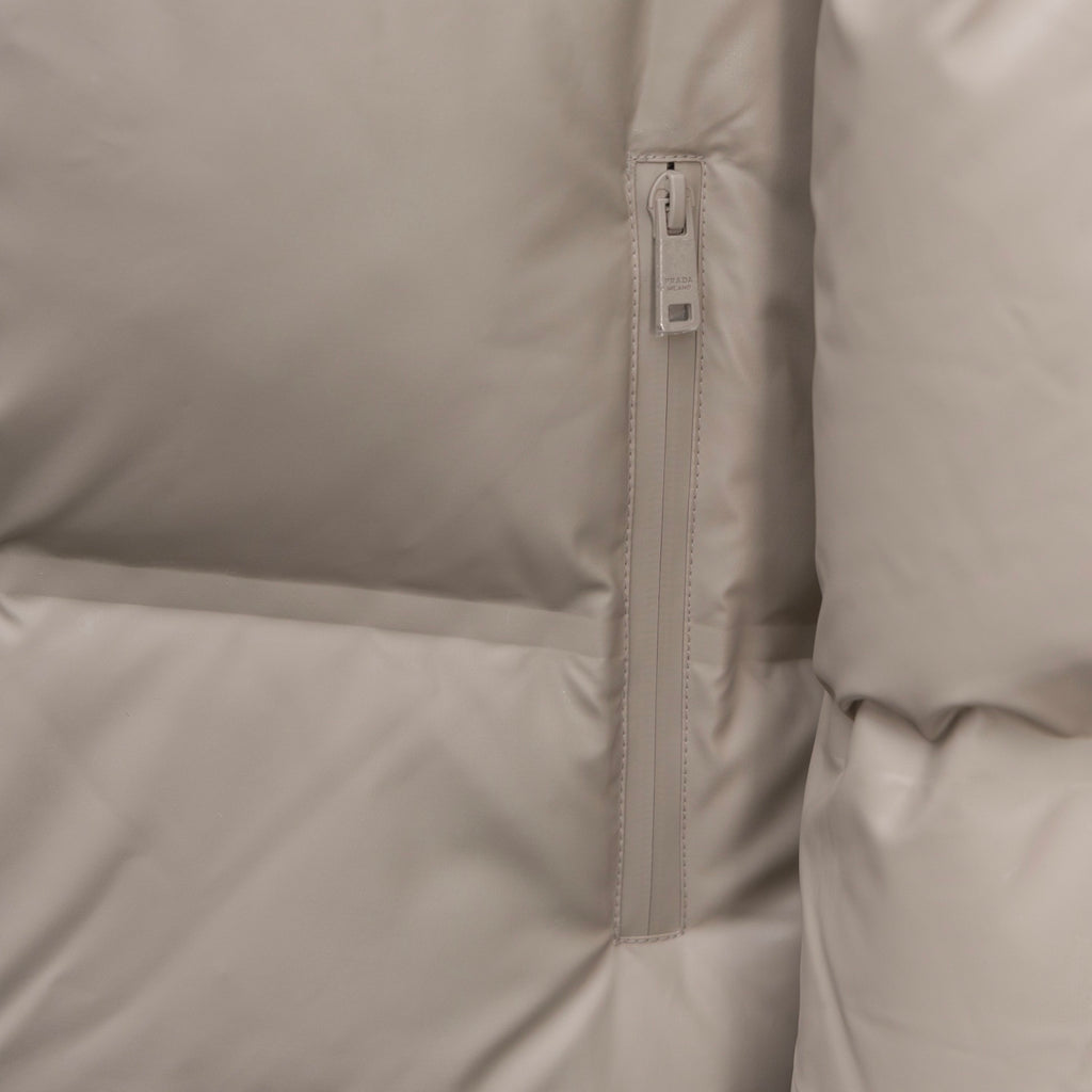 Prada long coat in light beige, front zipper and quilting detail