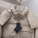 Prada hooded puffer jacket with zip front and brand tag at chest