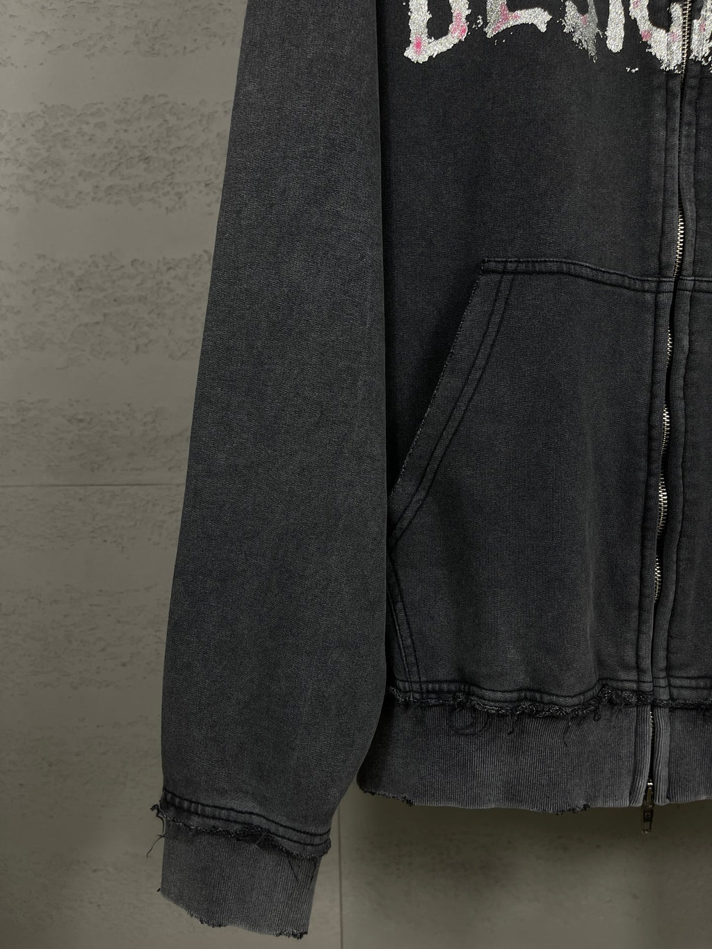 Balenciaga dark zip-up hoodie sleeve and hem with distressed cuff and front pocket