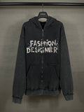 Balenciaga dark zip-up hoodie with hood and 'Fashion Designer' graphic front