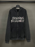 Balenciaga dark zip-up hoodie with hood and 'Fashion Designer' graphic front