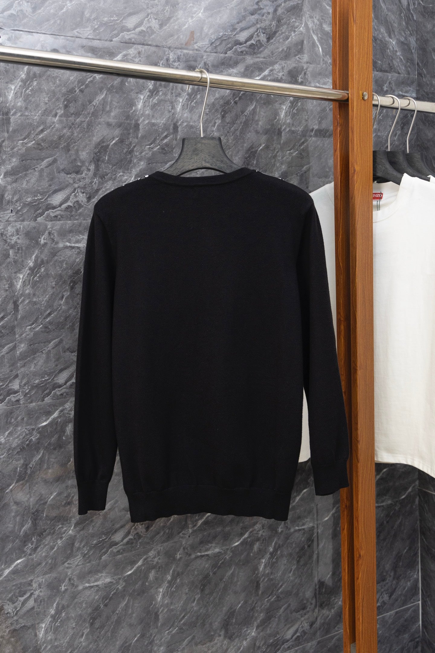 Long black cardigan, plain back with long sleeves and crew neckline