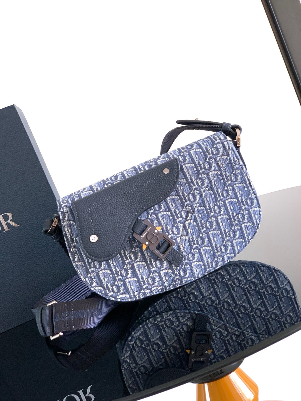 Dior men's crossbody bag with blue monogram canvas and navy flap