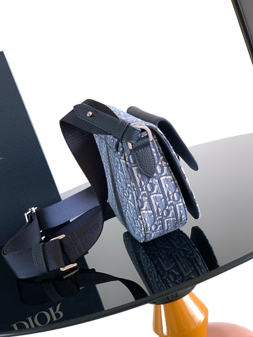 Dior men's crossbody bag, blue and navy monogram pattern with shoulder strap